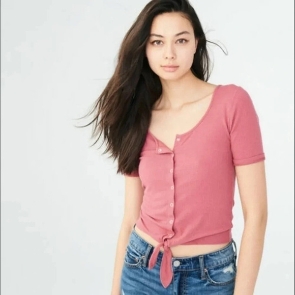 Aeropostale Ribbed Tie-front Top, Color Pink Size S - Picture 1 of 14